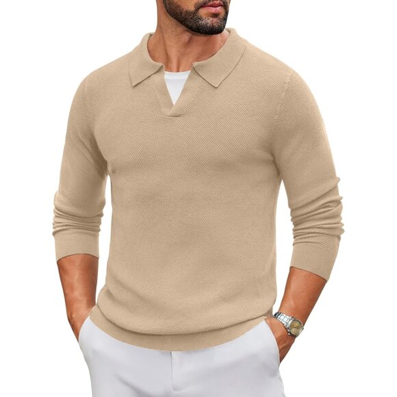 Men's Knit Polo Long Sleeve V-Neck Pullover Sweater Collared Knitted Light Khaki - Picture 1 of 6